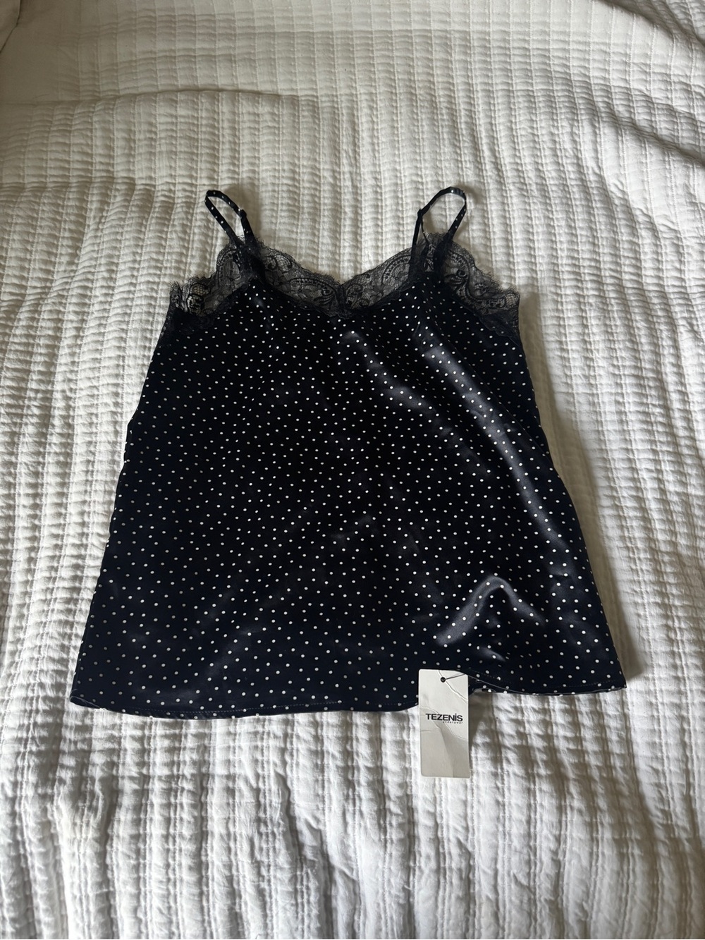 NWT Tezenis Black Polka Dot Satin Camisole Top Rare European Import Lace S